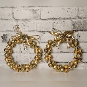 Gold Jingle Bell Wreath Pair Holiday Door or Wall Decor with Glitter Bows